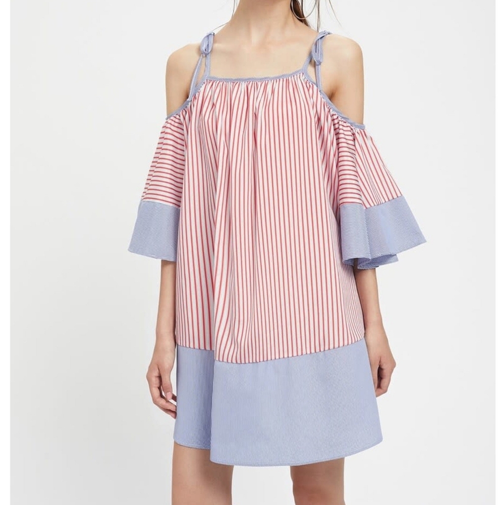 INA Striped Cold Shoulder A-line Dress Red White & Blue Americana Patriotic sz L